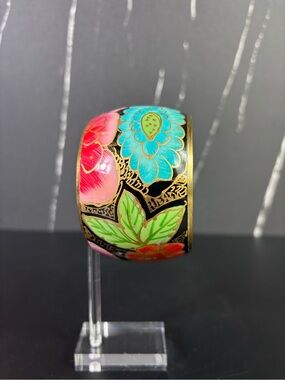Vtg Wide Cloisonné Floral Bangle Black Enamel Gold Multicolor Statement Floral